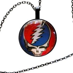 Grateful Dead Steal Your Face Glass Cabochon Necklace Black Charm & Chain New